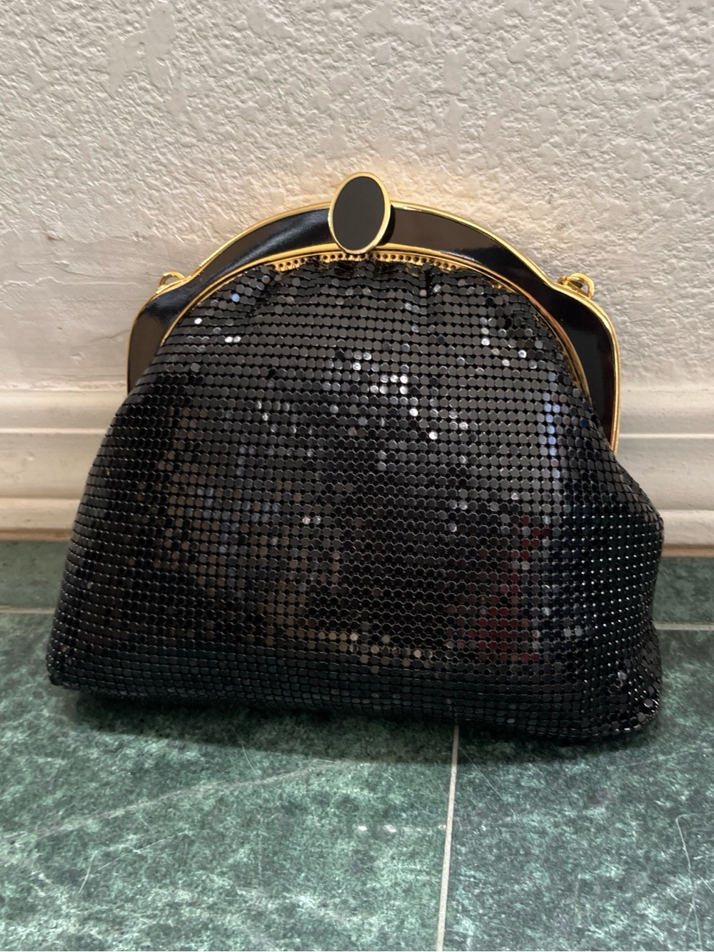 Unique Vintage Black Sequined Clutch with Gold Frame